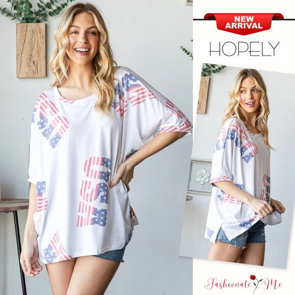 HOPELY American Flag Theme USA Lettering Graphic Round Neck T-Shirt | Off White - Picture 1 of 6